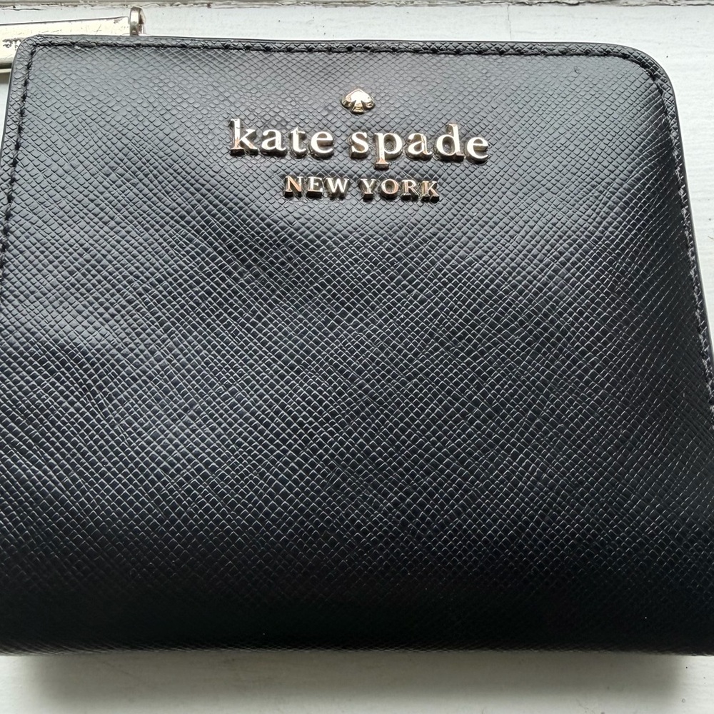 kate spade Black Saffiano Leather Zip Wallet with Gold Logo
